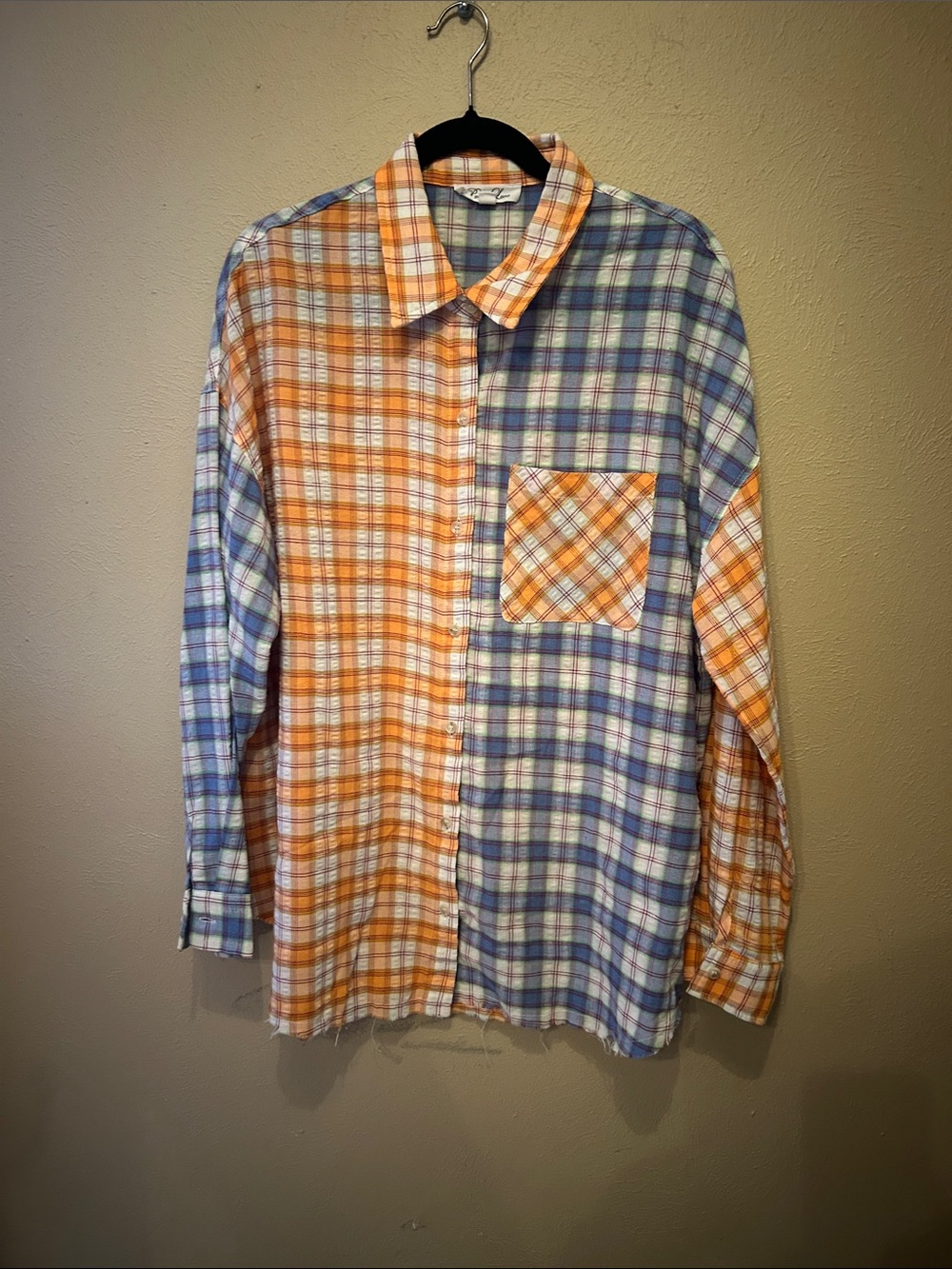 Two-Tone Orange & Blue Plaid Button-Down Shirt